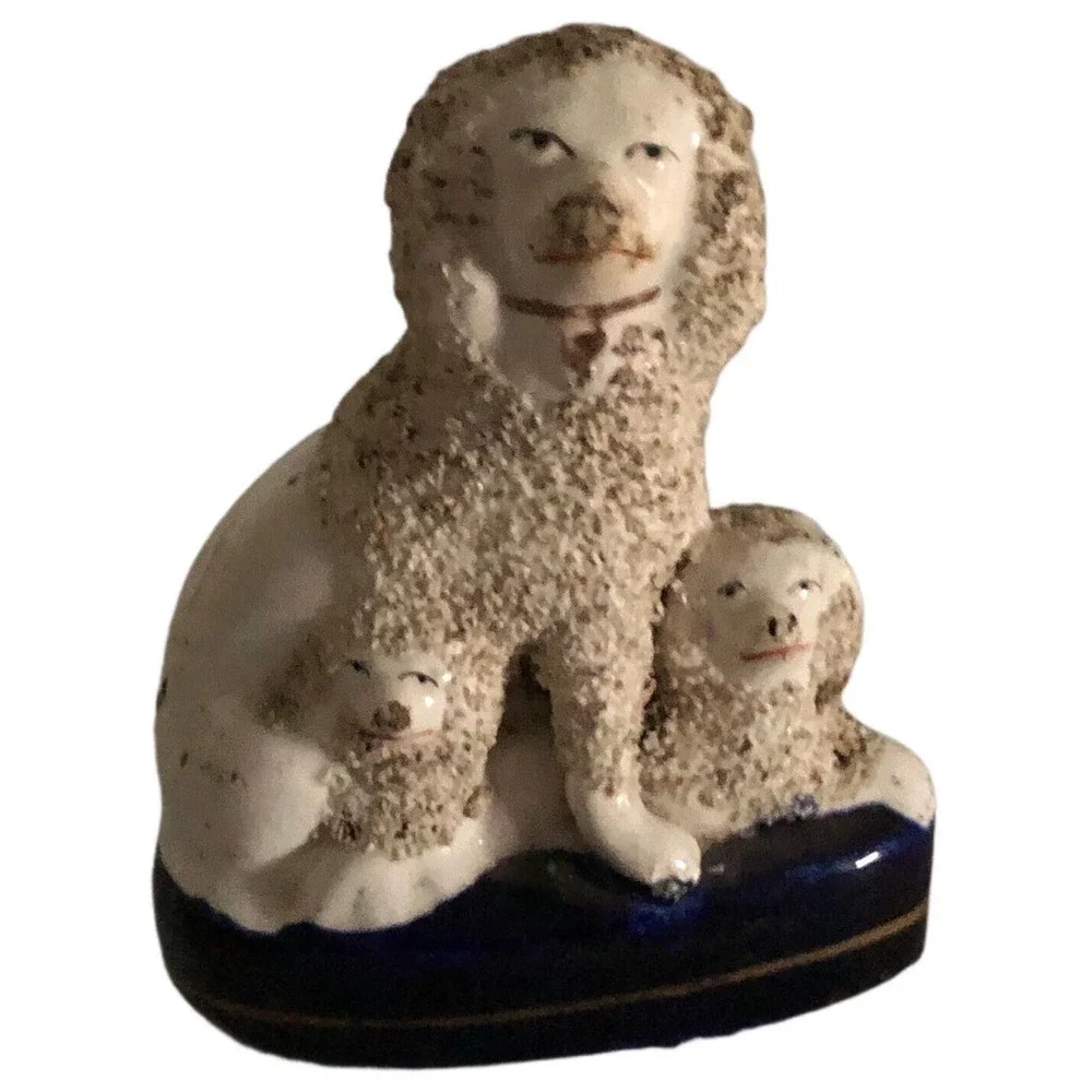 Trio Exquisite Antique Woolly Staffordshire Poodles with Pups Cobalt Base 5